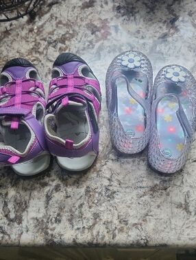 Girls Purple & Pink Active Sandals with Silver Jelly Flowers